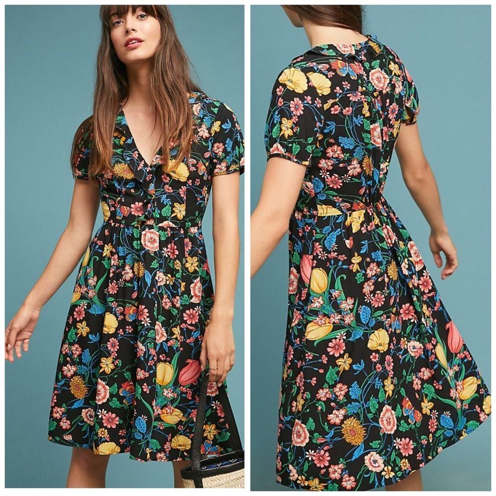 Maeve Anthropologie Floral Dress Black Fit Flare Pockets Size 6 Rayon